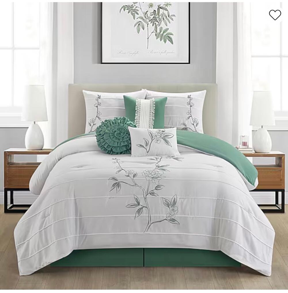 NEW! Nanshing - Raina 7PC Floral Midweight Bedding Comforter Set Queen Green